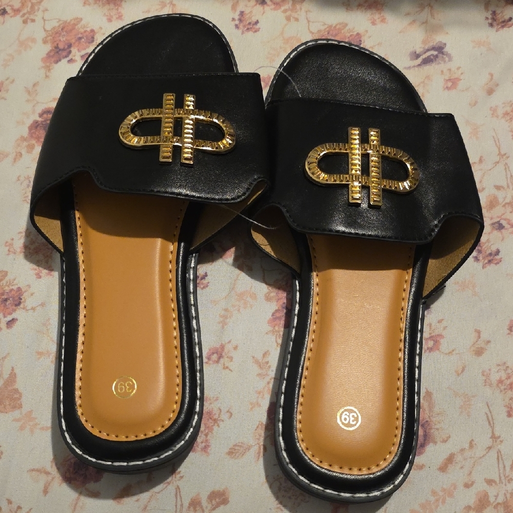 Chic Black and Gold Slide Sandals